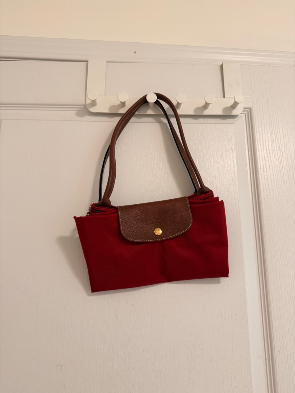 LongChamp Red Tote Bag with Brown Leather Flap and Straps